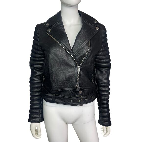 The Arrivals Women's S Black Rainier Leather Structured Moto Zip Jacket EUC - Picture 1 of 5
